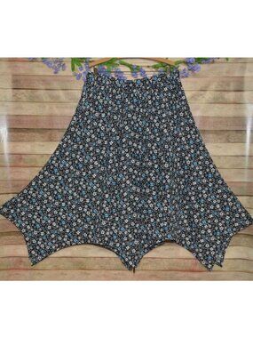 Cato Pull On Midi Skirt Size XL Black & Aqua Floral Asymmetrical Hem Boho Summer